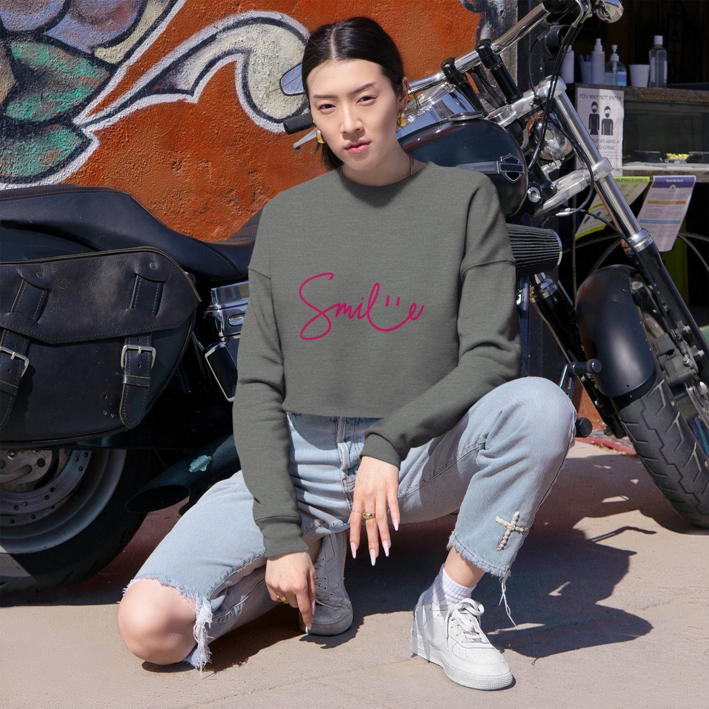Printify Sweatshirt Cropped "Smile" Sweatshirt β Cozy, Trendy & Full of Good Vibes