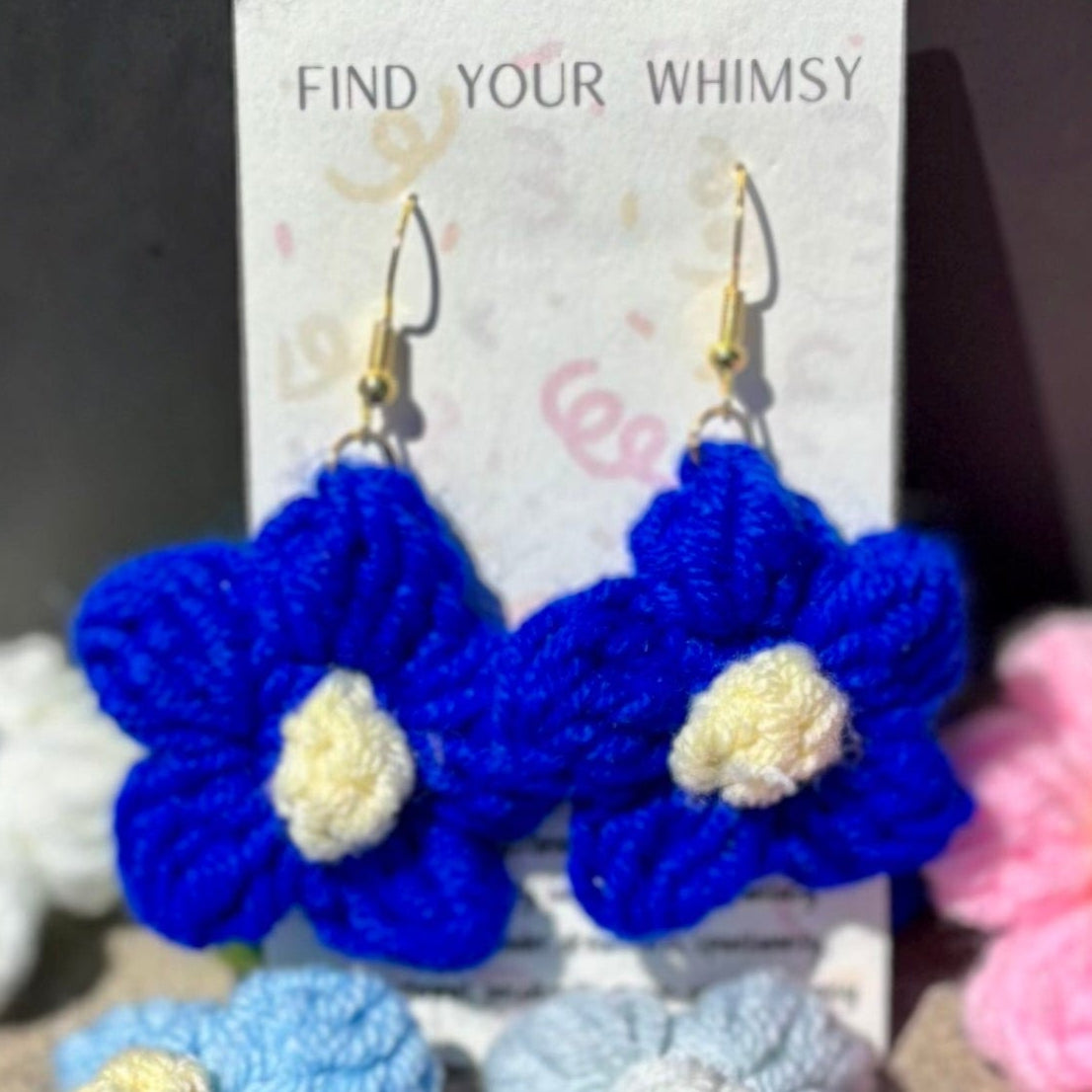 Whitney's Whimzees Bright Blue with Pale Yellow Center Handmade Flower Crochet Earrings - 1.75 inch Flowers