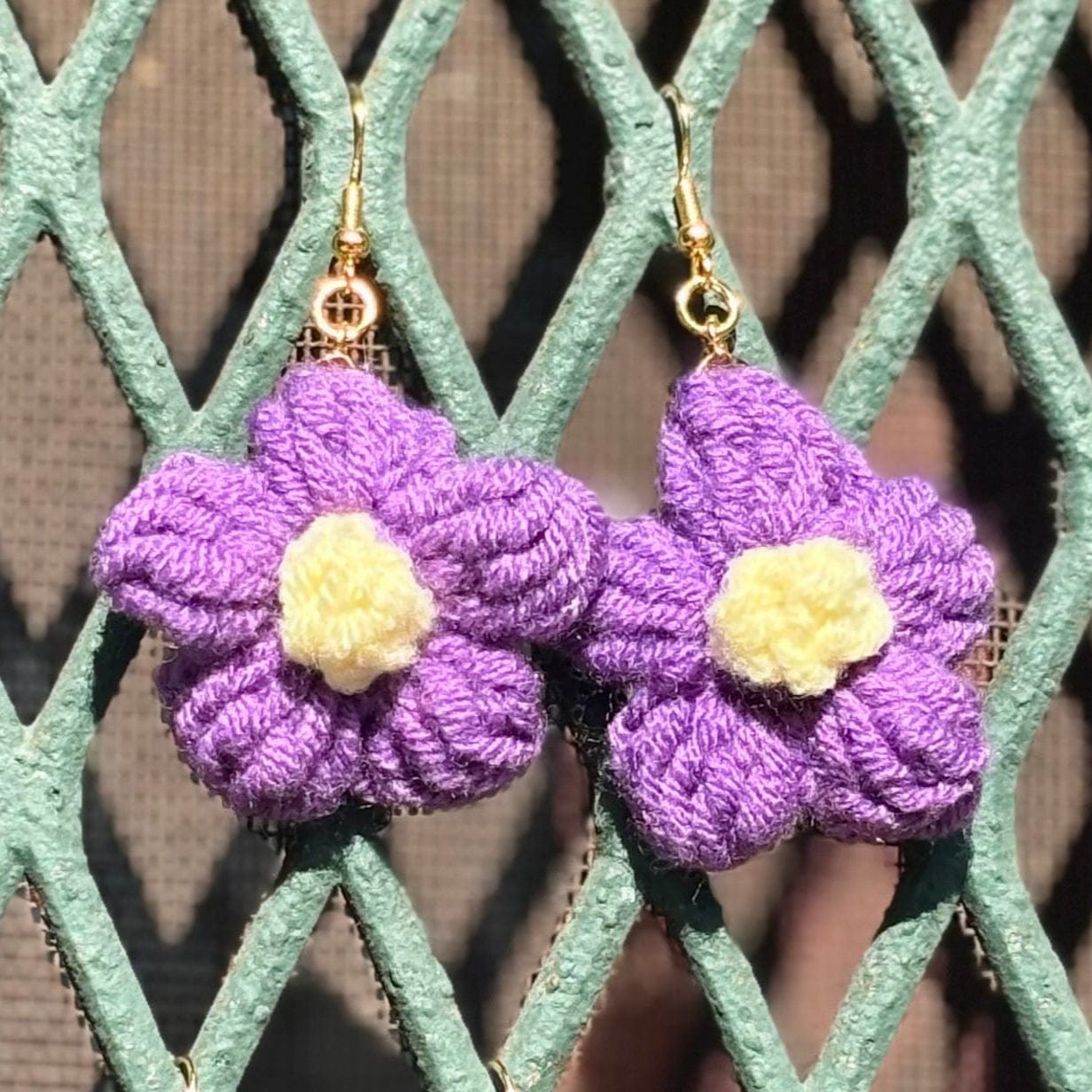 Whitney's Whimzees Dark Purple with Yellow Center Handcrafted Flower Crochet Earrings - 1.75” (Purples)