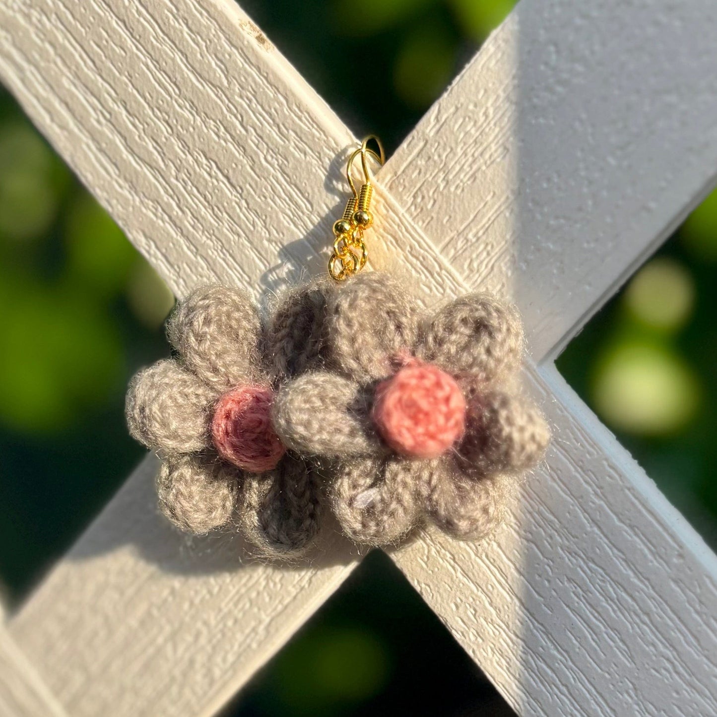 Whitney's Whimzees Gray with Pink Center Handcrafted Flower Crochet Earrings - 1.25 inch Flowers