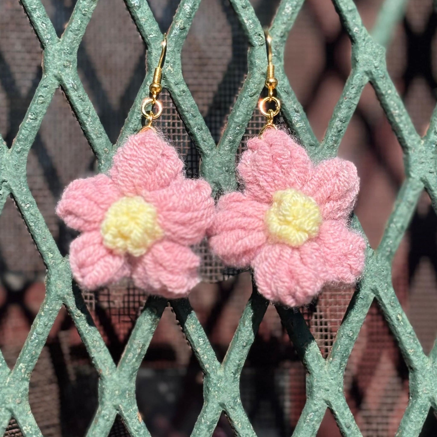 Whitney's Whimzees Heather Pink with Yellow Center Handcrafted Flower Crochet Earrings - 1.75” (Pinks)