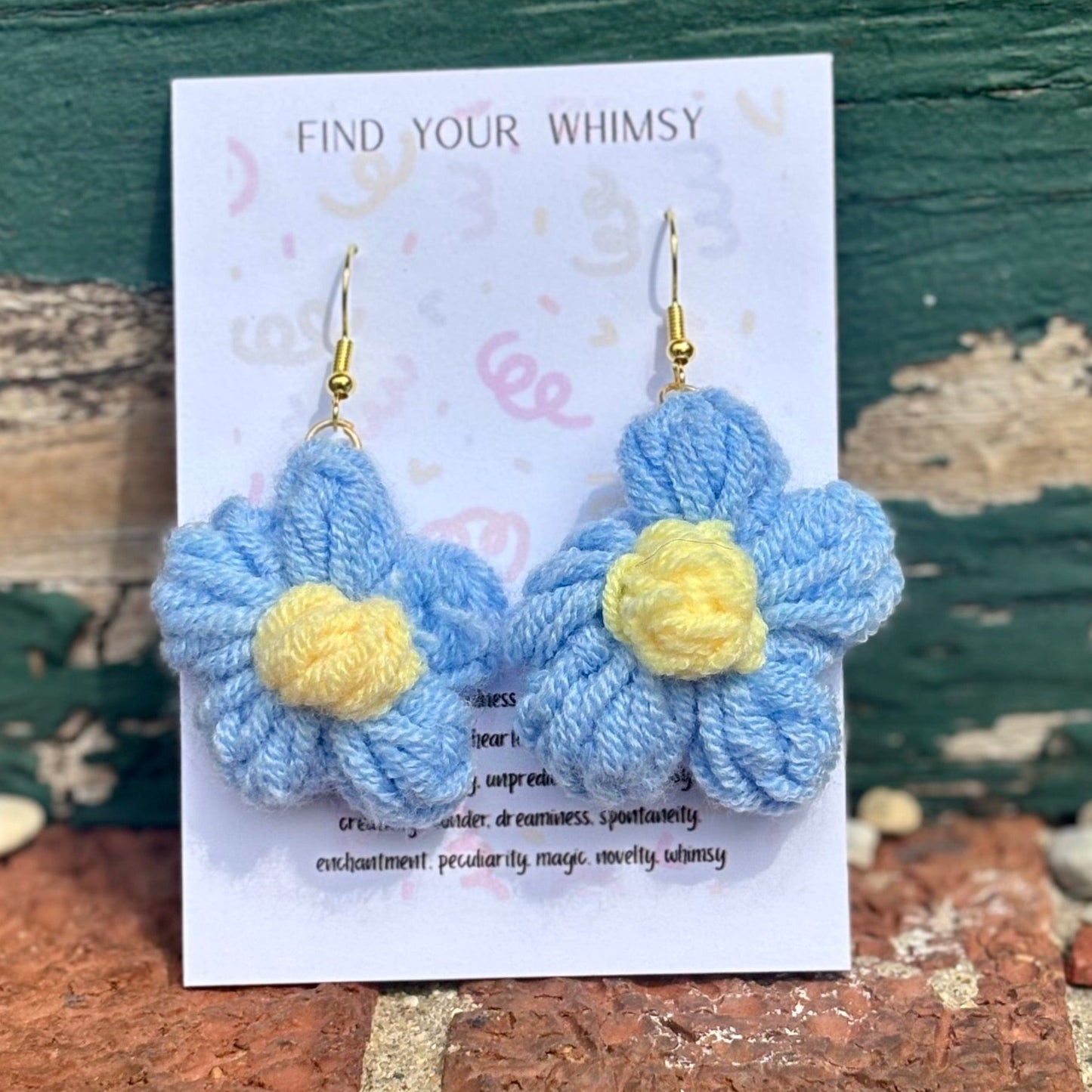 Whitney's Whimzees Light Blue with Yellow Center Handmade Flower Crochet Earrings - 1.75 inch Flowers