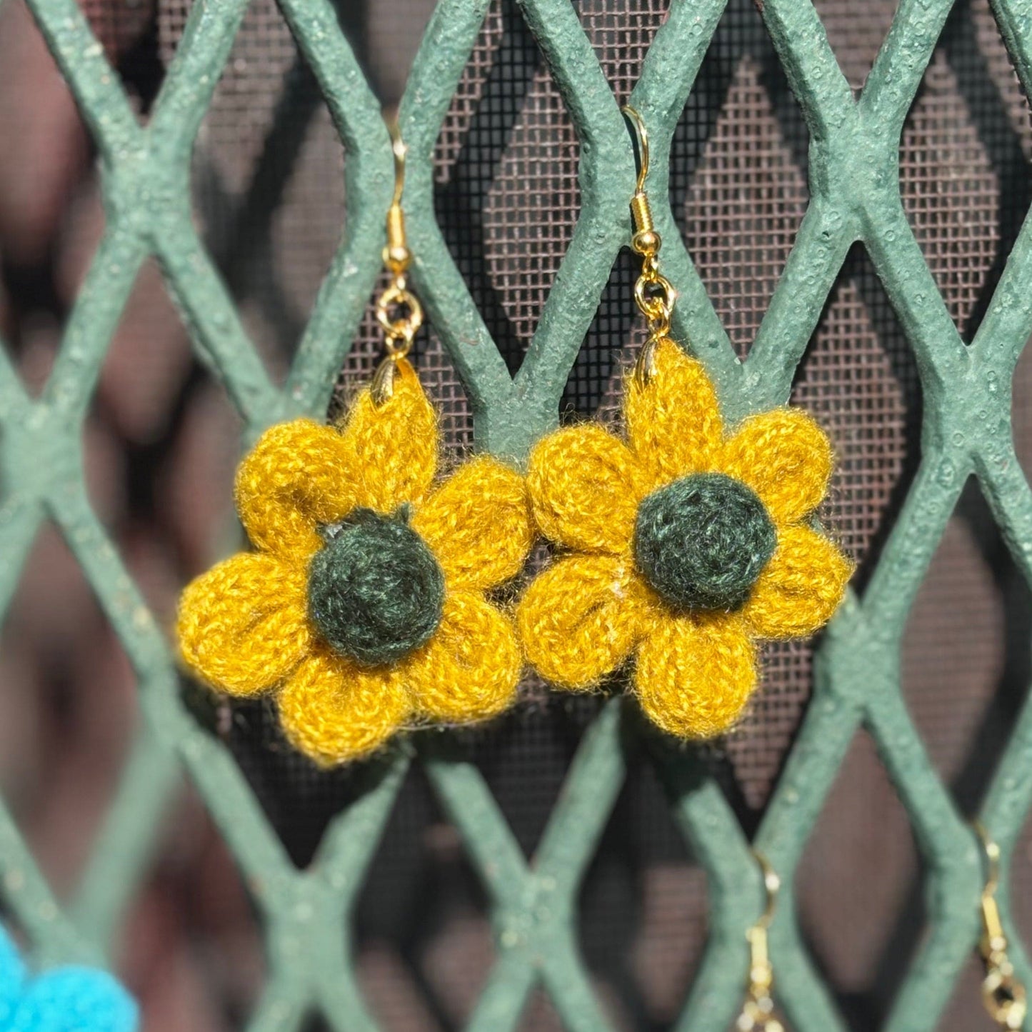 Whitney's Whimzees Mustard with Green Center Handmade Flower Crochet Earrings - 1.25 inch Flowers