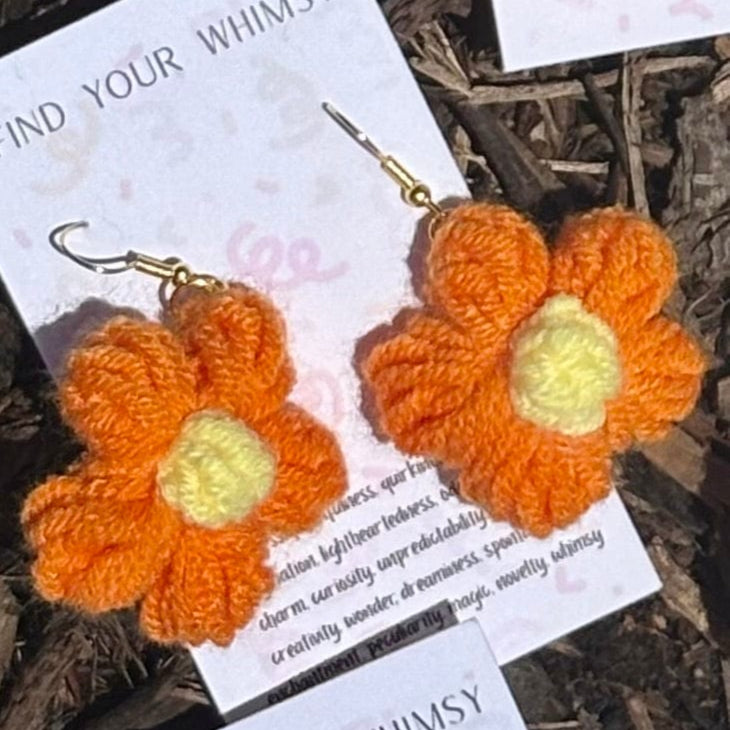 Whitney's Whimzees Orange with Yellow Center Handmade Flower Crochet Earrings - 1.75 inch Flowers