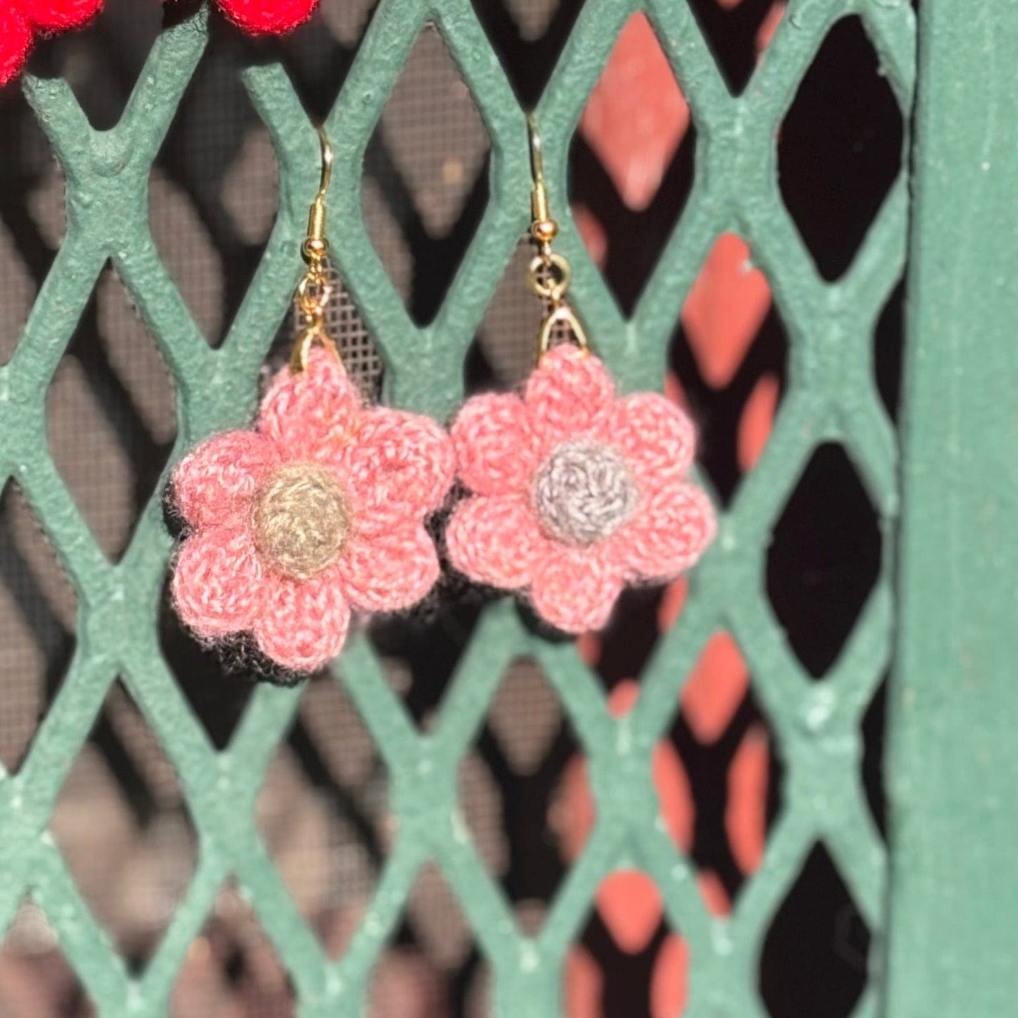 Whitney's Whimzees Pink with Yellow Center Handmade Flower Crochet Earrings - 1.25 inch Flowers
