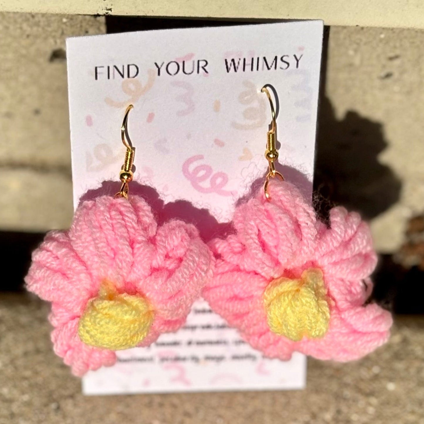 Whitney's Whimzees Pink with Yellow Center Handmade Flower Crochet Earrings - 1.75 inch Flowers