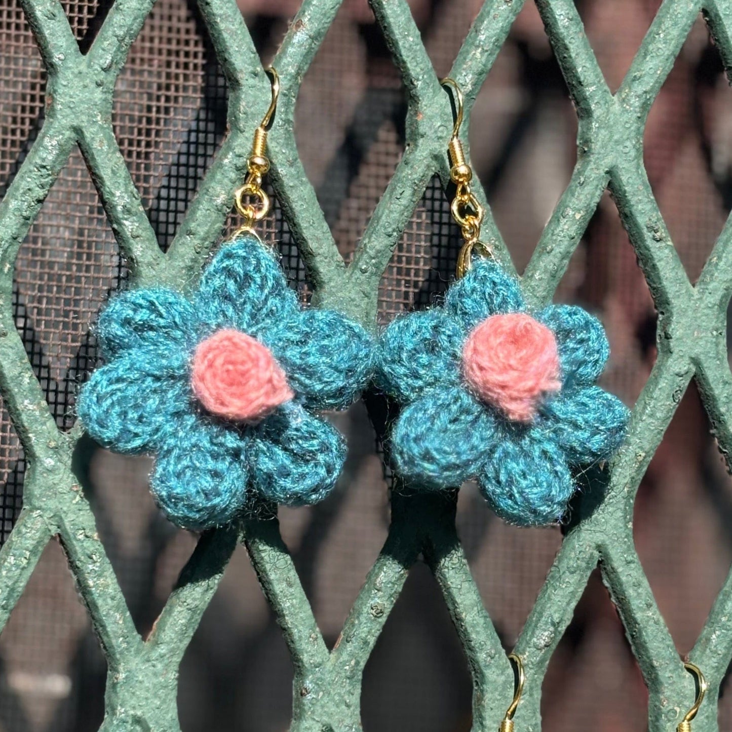 Whitney's Whimzees Teal with Pink Center Handmade Flower Crochet Earrings - 1.25 inch Flowers