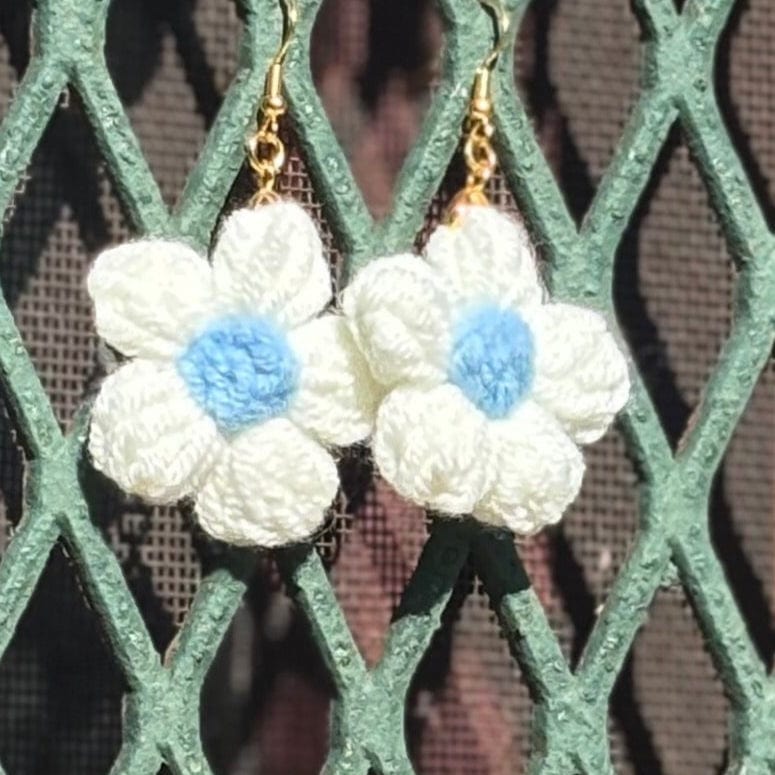 Whitney's Whimzees White with Light Blue Center Handmade Flower Crochet Earrings - 1.75 inch Flowers