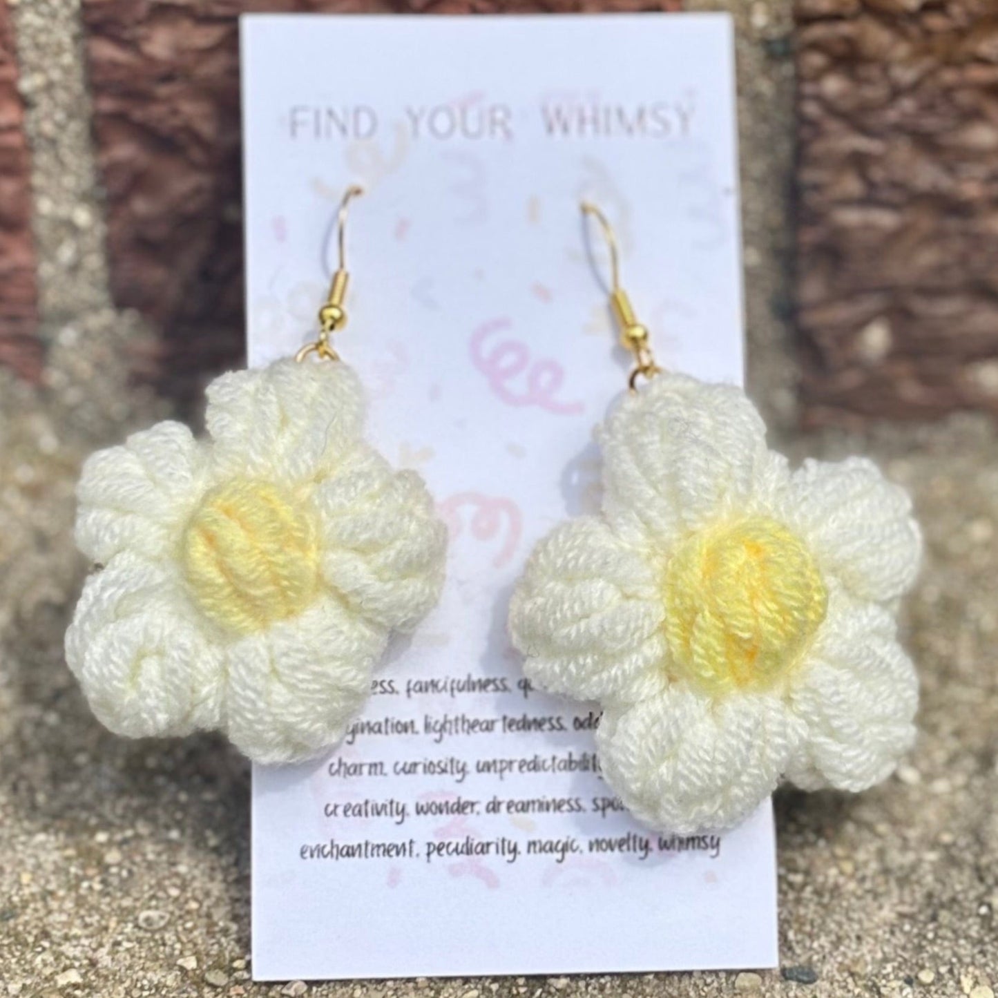Whitney's Whimzees White with Pale Pink Center Handmade Flower Crochet Earrings - 1.75 inch Flowers