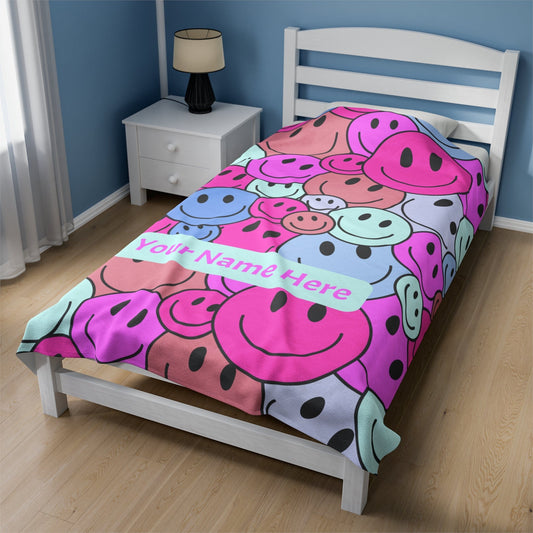 Printify All Over Prints Smiley Face Velveteen Plush Blanket - Personalized