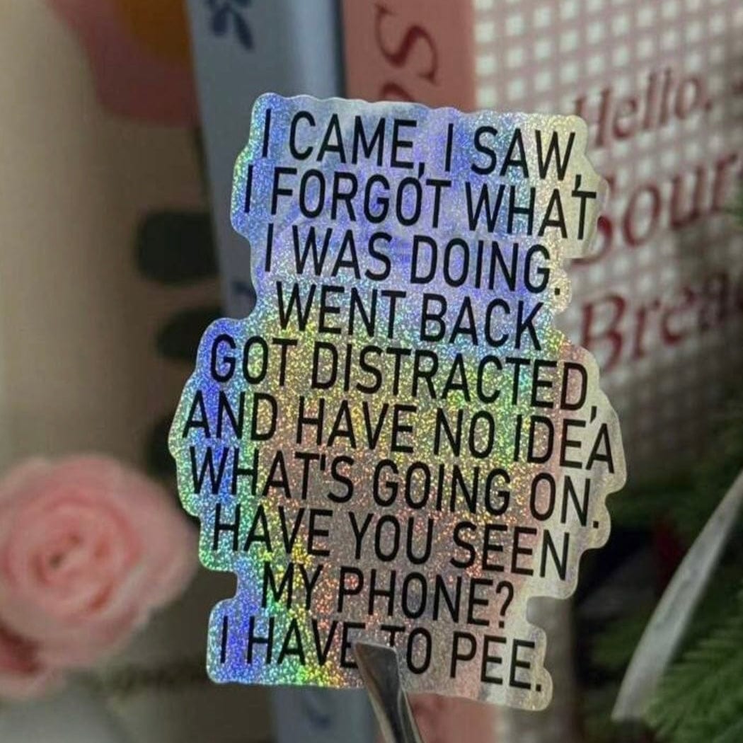 Whit's Up Shop Holographic Finish Funny Relatable Quote Sticker – “I Came, I Saw, I Forgot” (Holographic or Matte)