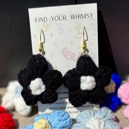 Whitney's Whimzees Black with White Center Handmade Flower Crochet Earrings - 1.75 inch Flowers
