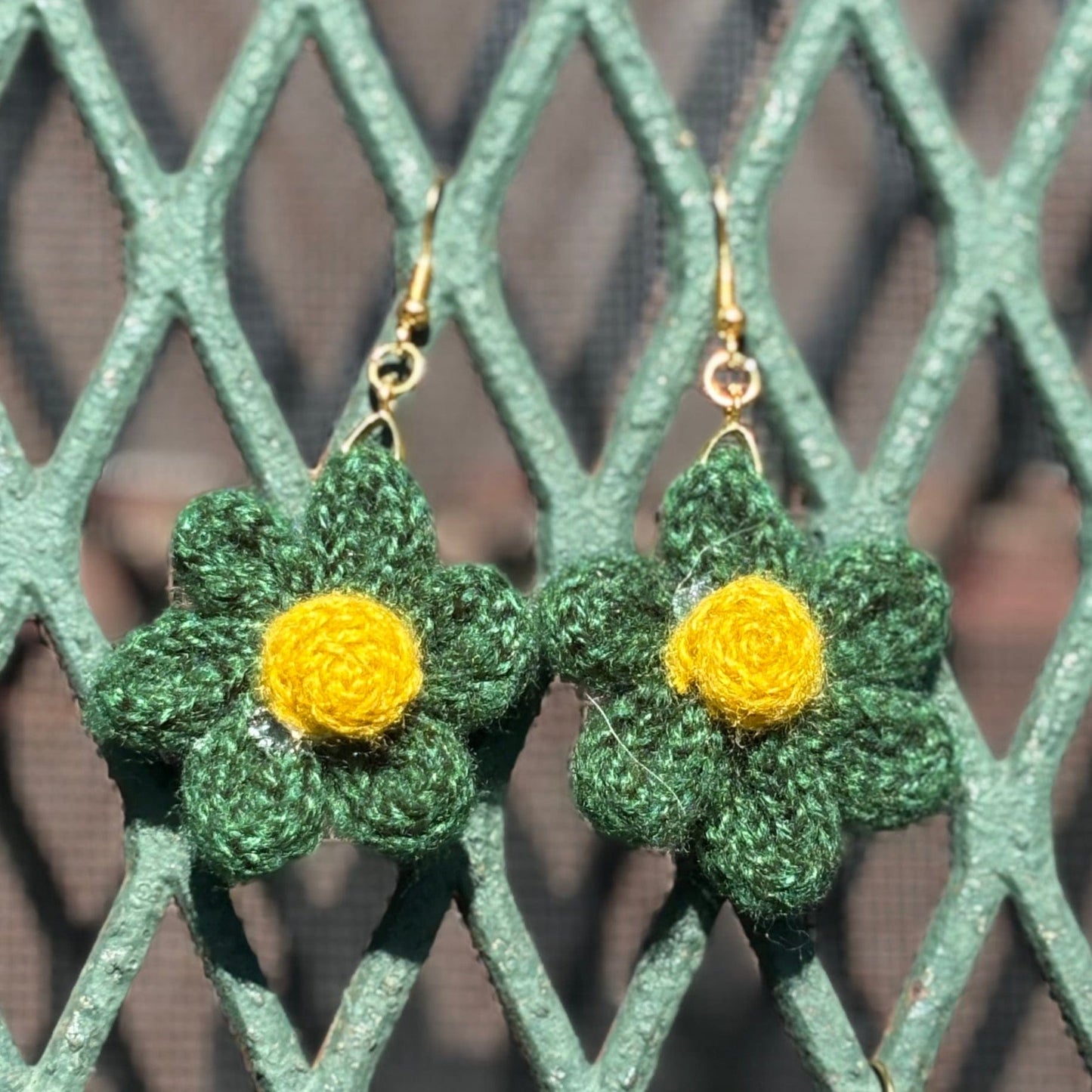 Whitney's Whimzees Dark Green with Yellow Center Handmade Flower Crochet Earrings - 1.25 inch Flowers