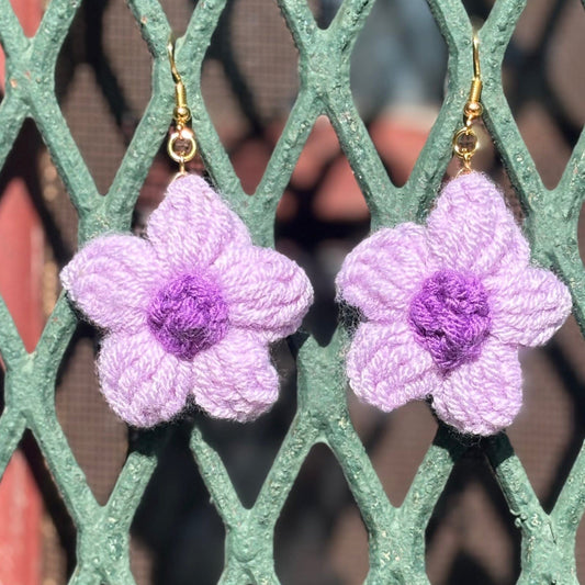 Whitney's Whimzees Lavender with Purple Center Handmade Flower Crochet Earrings - 1.75 inch Flowers