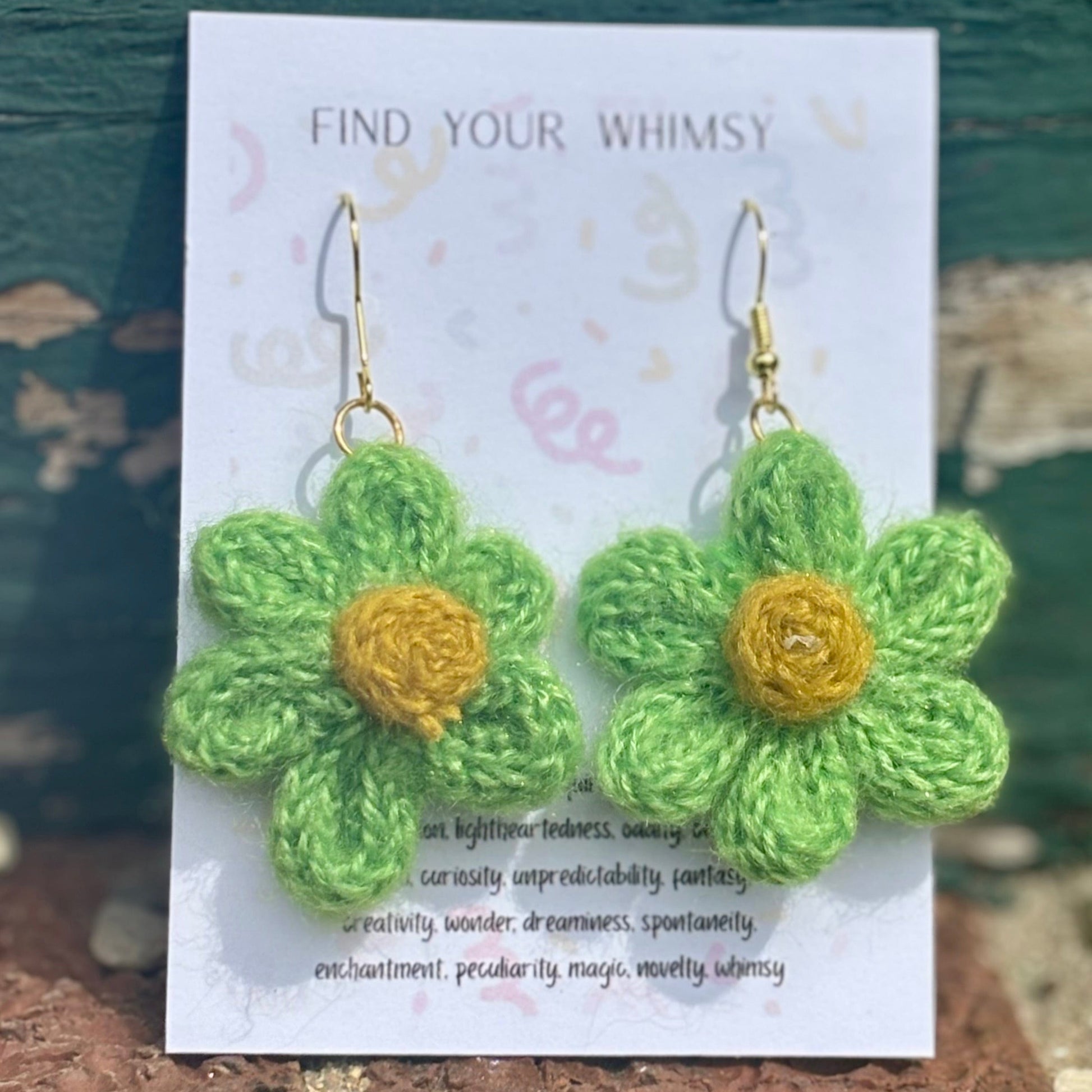 Whitney's Whimzees Lime with Yellow Center Handmade Flower Crochet Earrings - 1.25 inch Flowers