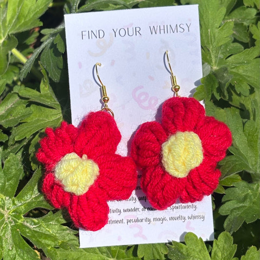 Whitney's Whimzees Red Handmade Flower Crochet Earrings