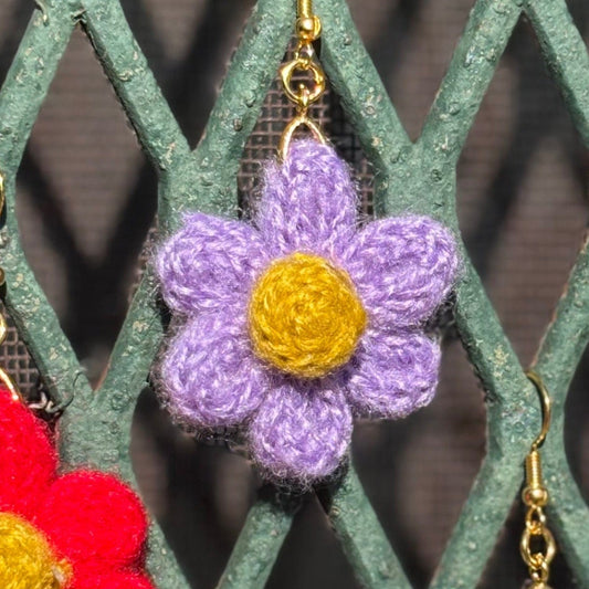 Whitney's Whimzees Red with Yellow Center Handmade Flower Crochet Earrings - 1.25 inch Flowers