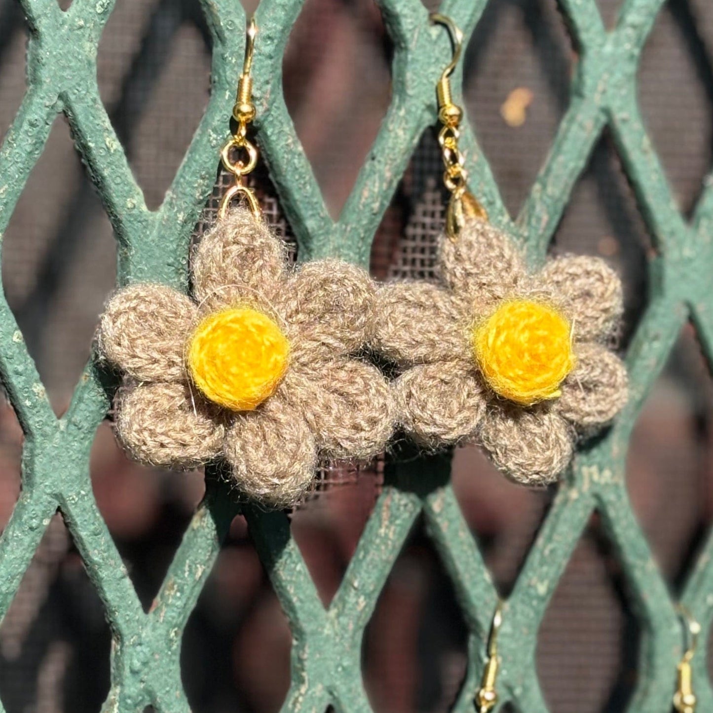 Whitney's Whimzees Tan with Yellow Center Handmade Flower Crochet Earrings - 1.25 inch Flowers