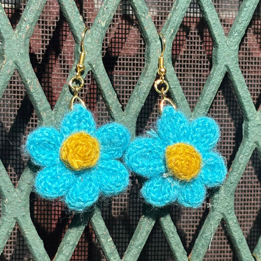 Whitney's Whimzees Turquoise with Yellow Center Handmade Flower Crochet Earrings - 1.25 inch Flowers